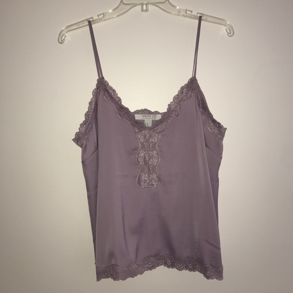Lavender silky top with lace trim